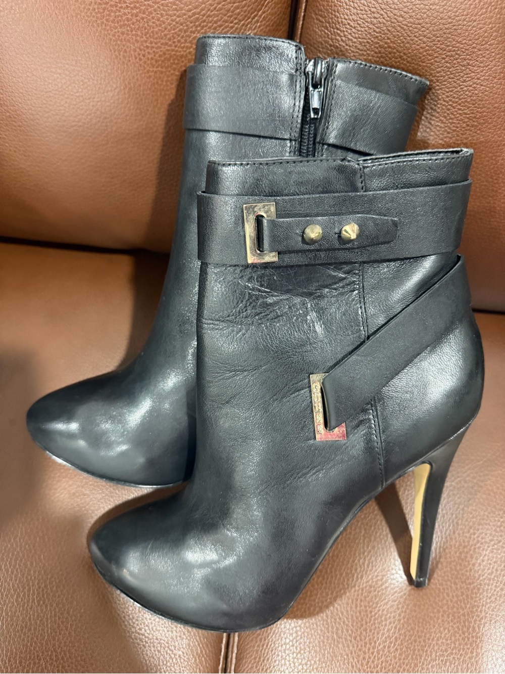 Guess Black Leather Ankle Booties with Gold Hardware